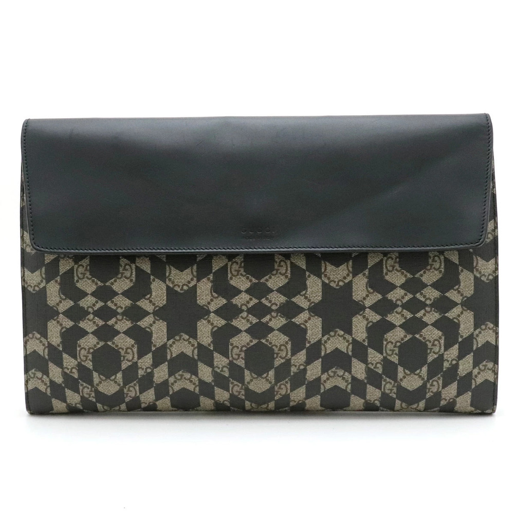 Gucci GG Supreme Kaleido Clutch Bag Shoulder Beige Brown Cream Leather Black